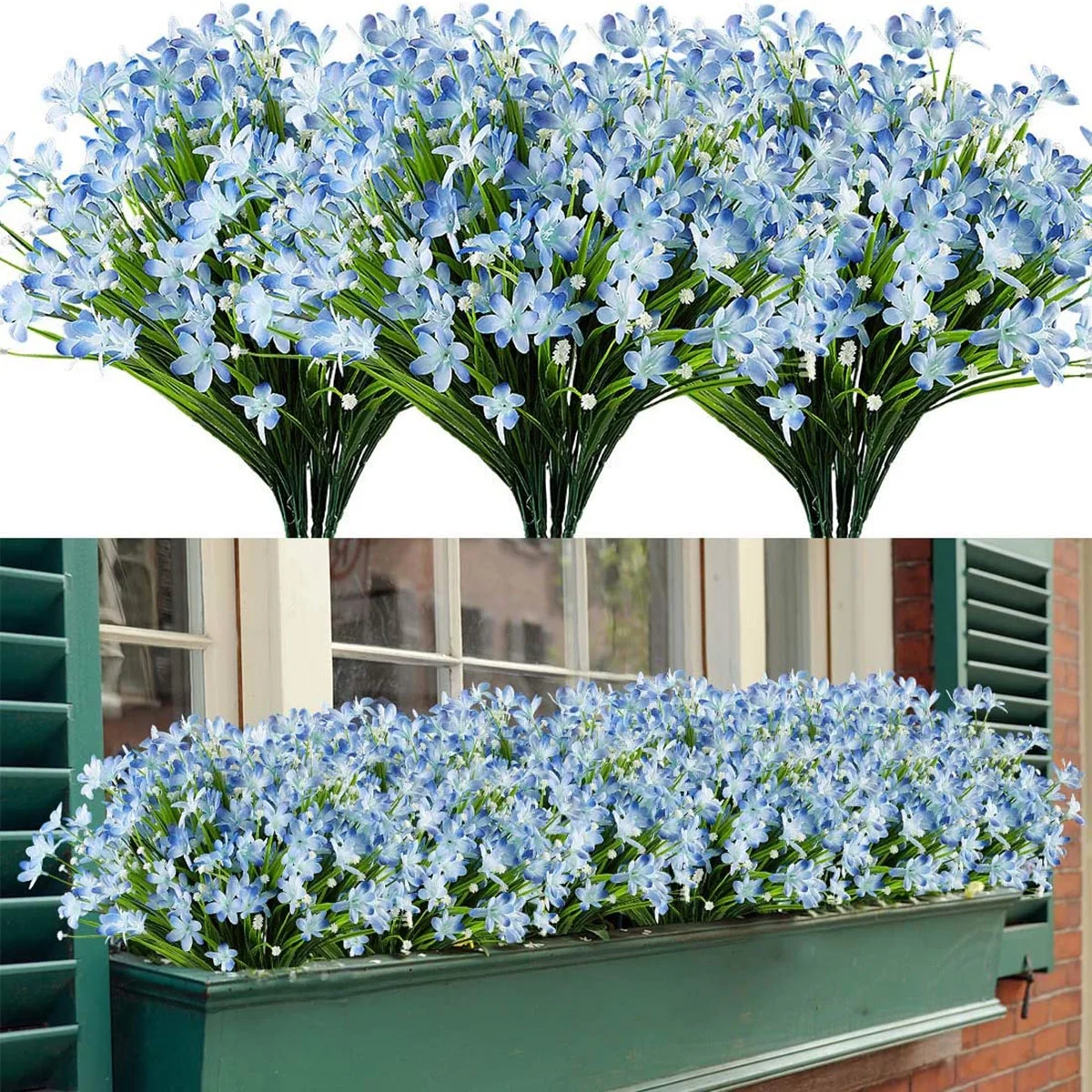 12 Bundles Artificial Flowers for Outdoor Decoration, UV Resistant Outdoor Greenery Shrubs Artificial Flowers Hanging Planter Home Garden Decor (Blue)