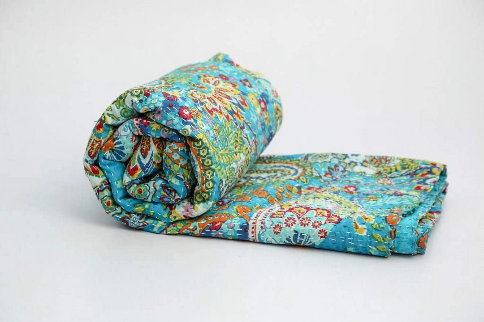 Indian Kantha Quilt Turquoise Paisley Print Kantha Throw Queen Size Cotton Quilt Kantha Bedspread Indian Blanket Kantha Bed Cover King Size Quilt