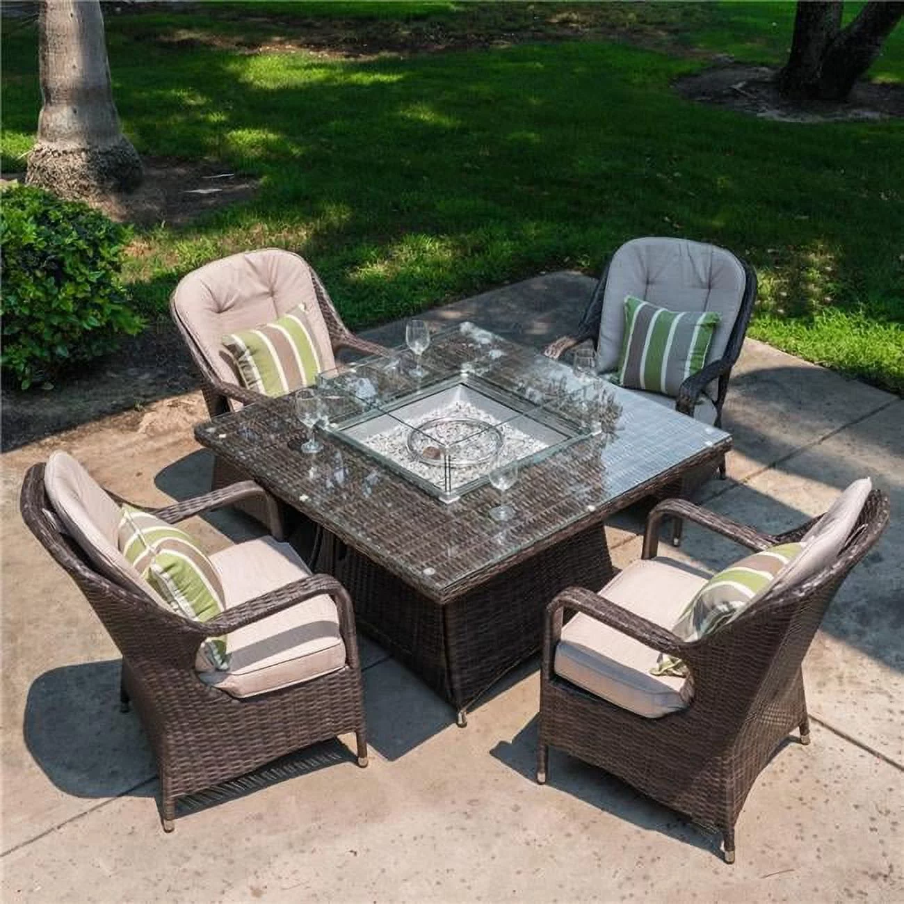 5 Piece Outdoor PE Rattan Wicker Patio Gas Fire Pit Square Table Set with Arm Chairs, Brown