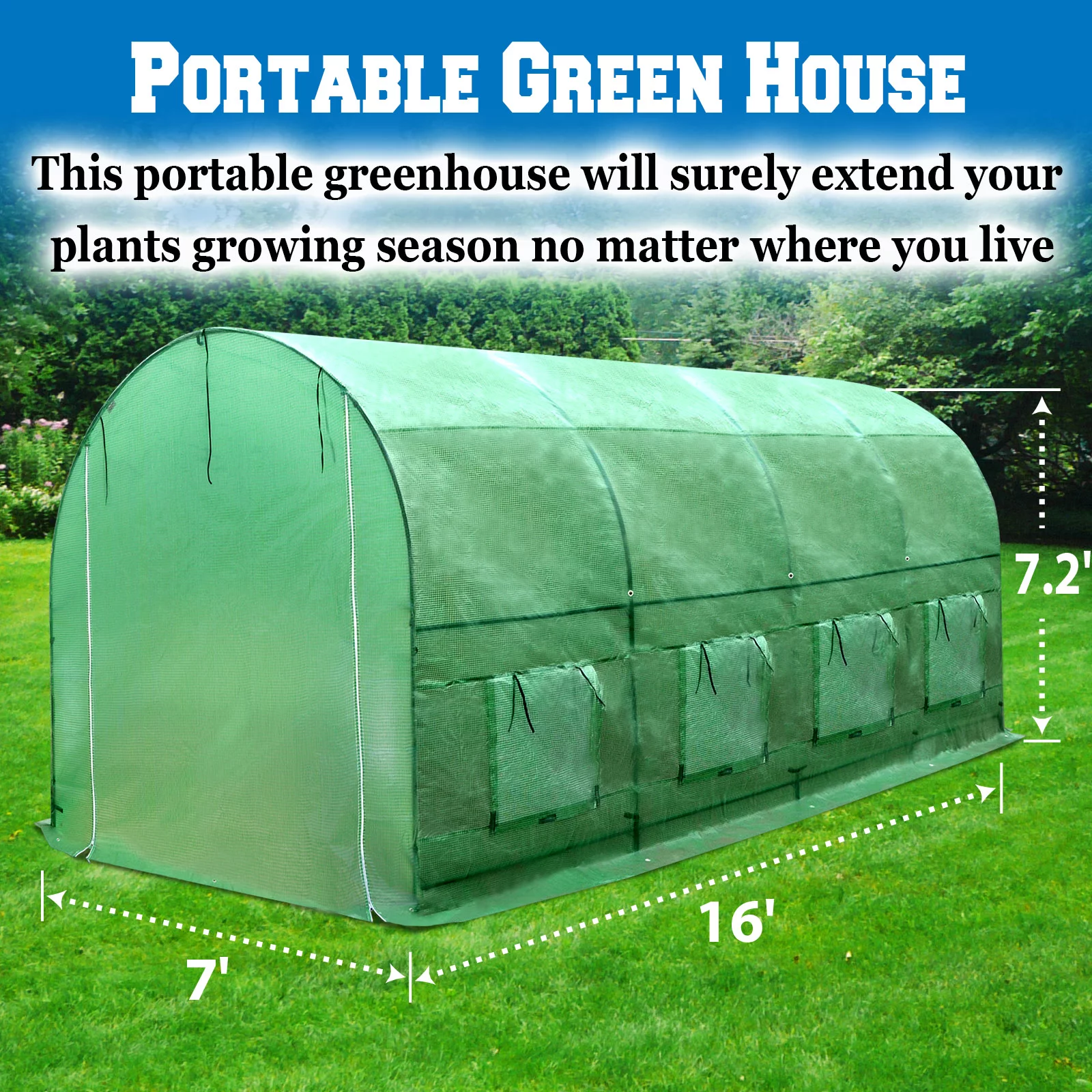 YardGrow Large Greenhouse Walk in Outdoor Plant Gardening Hot Greenhouse with Roll-up Windows, Zippered Door
