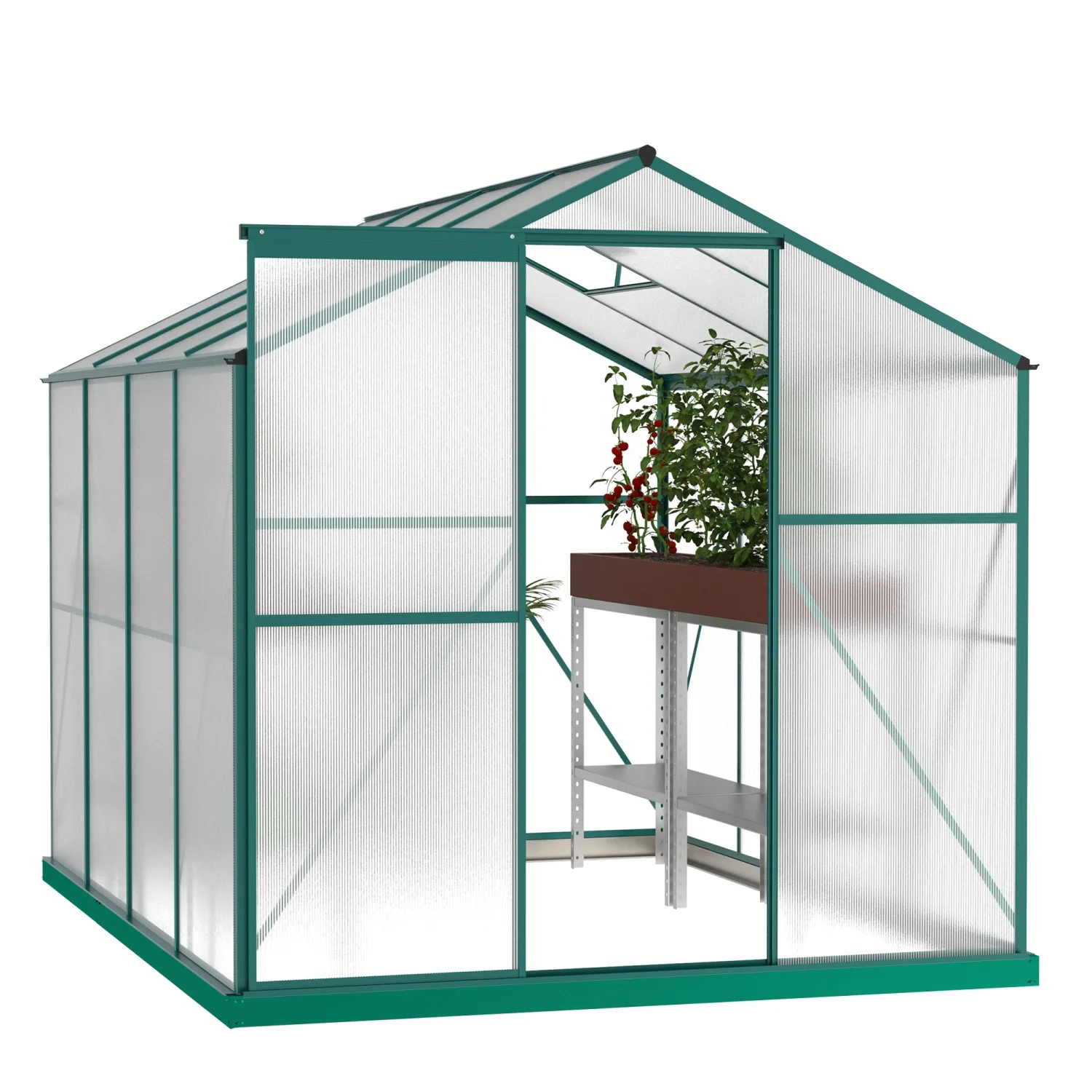 Green Durable and Spacious 6‘ x 8‘ Polycarbonate Greenhouse for Backyard and Outdoor Plant Gardening - Ideal for Growing Vegetables  Fruits  and Flowers  Weather-resistant and UV-protecte