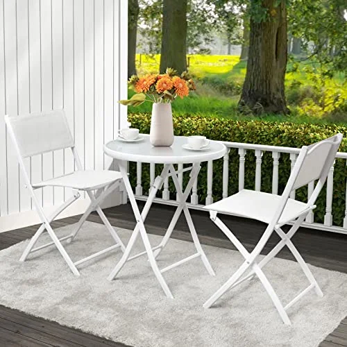 HAPPYGRILL 3 Piece Patio Folding Bistro Set, Outdoor Foldable Chair & Table Set with Breathable Fabric, Tempered Glass Tabletop, Small Conversation Furniture Set for Porch Balcony Poolside Yard