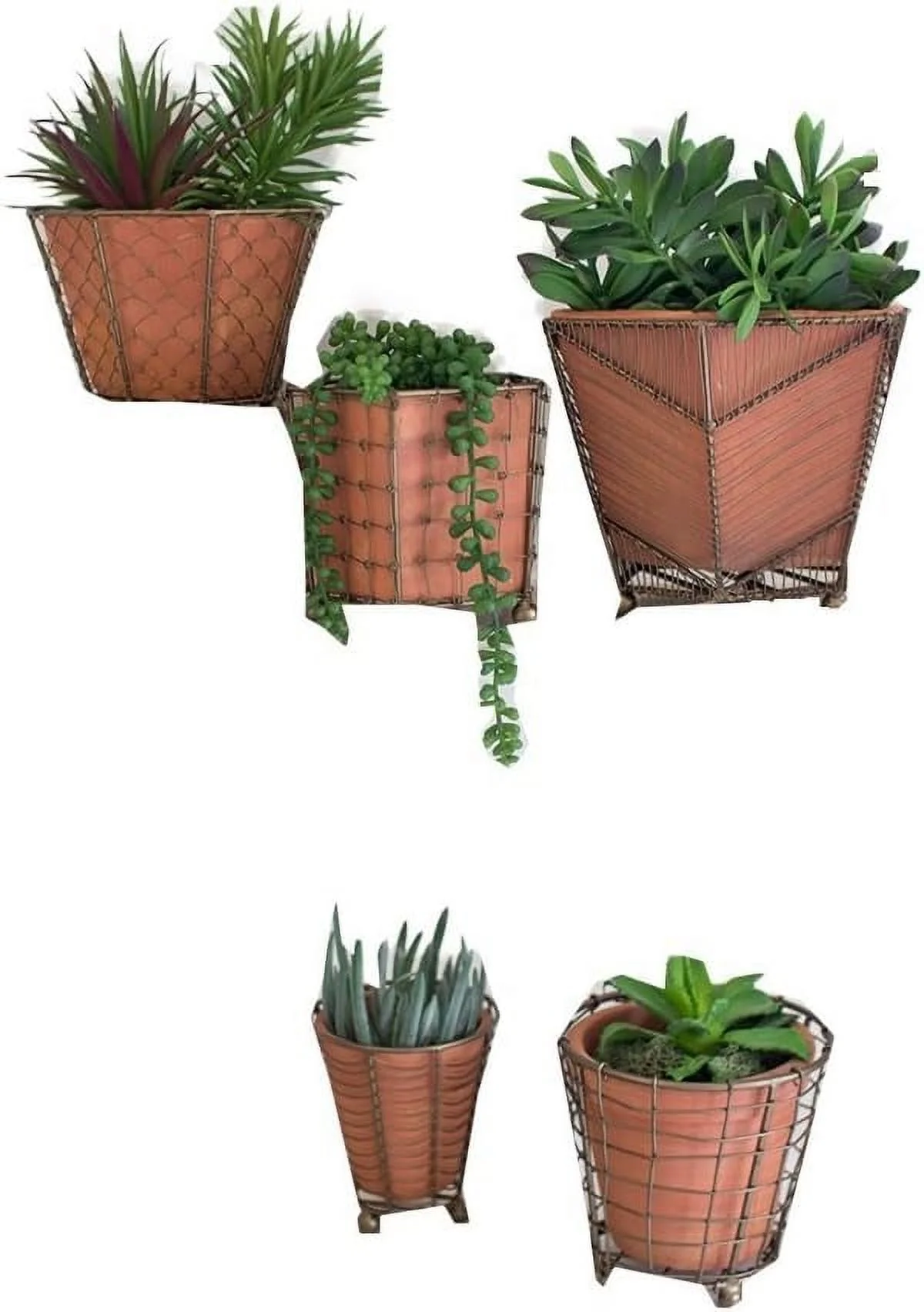Set of Brass Detailed Wire Wrapped Terracotta Planters, One Size, Orange