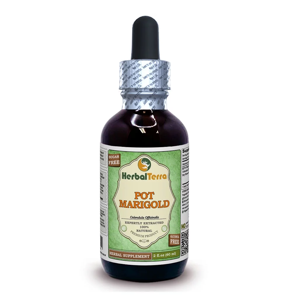 Pot Marigold Dry Flower KETO Friendly Alcohol-Free Absolutely Natural Expertly Extracted by Trusted HerbalTerra Brand Liquid Extract. Proudly made in USA. Glycerite 2 Fl.Oz