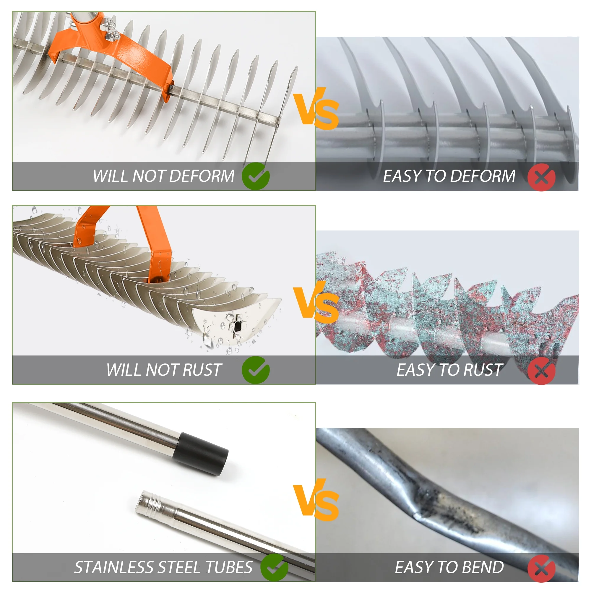 Thatch Rake, 15-Inch Lawn Thatching Rake, Robust Dethatcher Rake, Efficient Steel Metal Rake with Handle, Versatile Grass Grooming Rake for Cleaning Dead Grass, Yard Garden Durable Soil Rake (Orange)