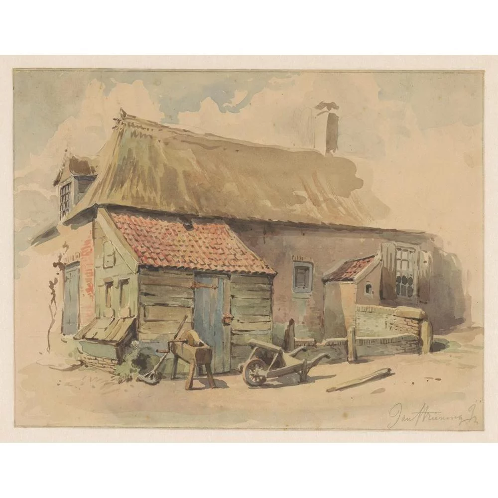 Jan Striening 14x12 Black Modern Framed Museum Art Print Titled - Farmhouse with Wooden Extension, a Wheelbarrow and a Grindstone (1837 - 1903)