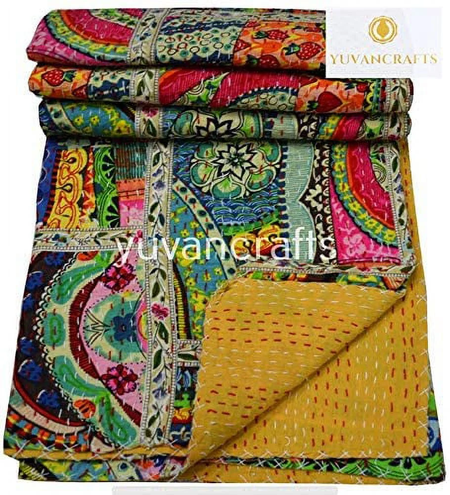 Yuvancrafts Indian Handmade Pacthwork Kantha Quilt Queen Size Multi Color Kantha Bedspread Throw Blanket