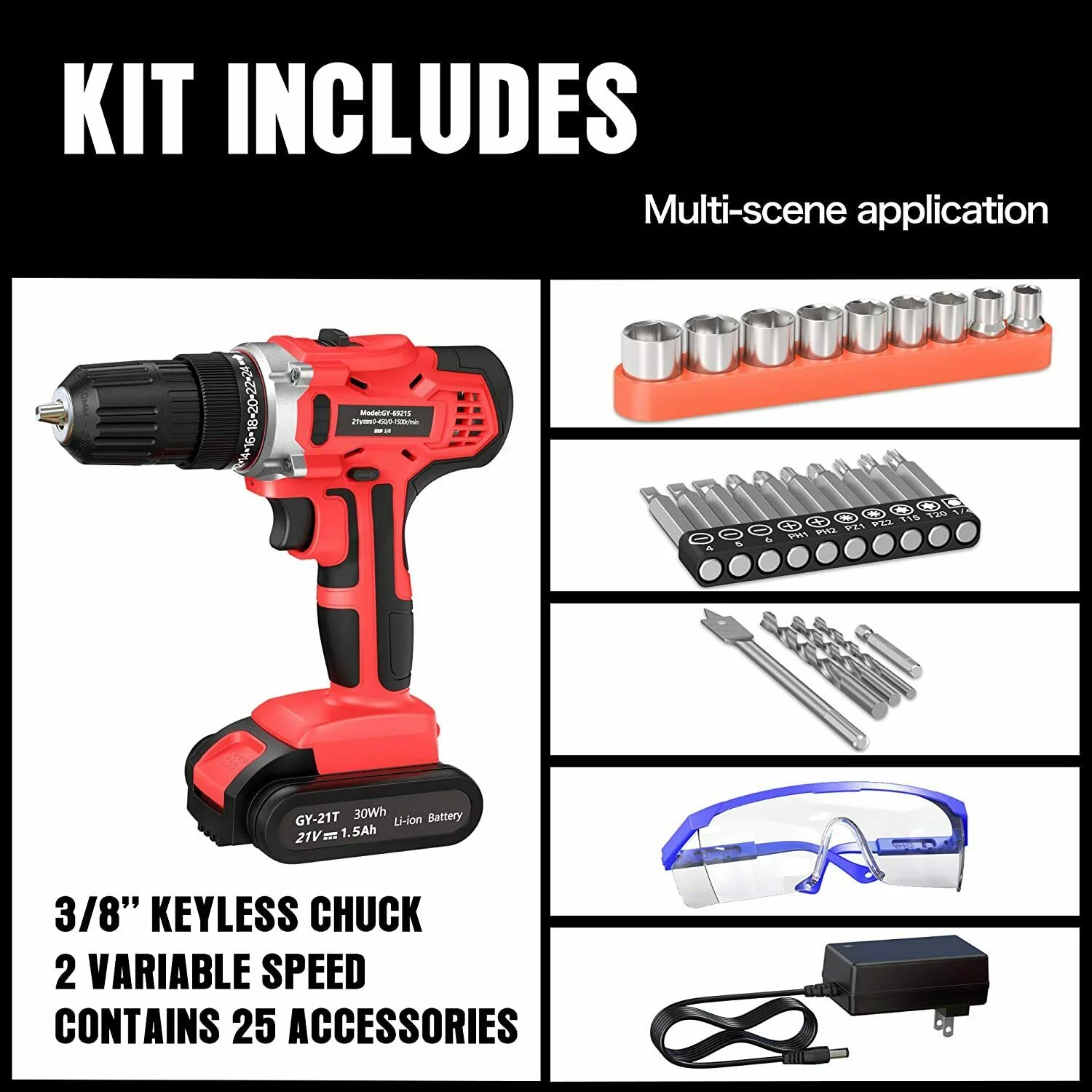 GardenJoy 21V Power Hand Compact Drill Electric Screwdriver Cordless Driver Kit Bits Set Chuck 25PC