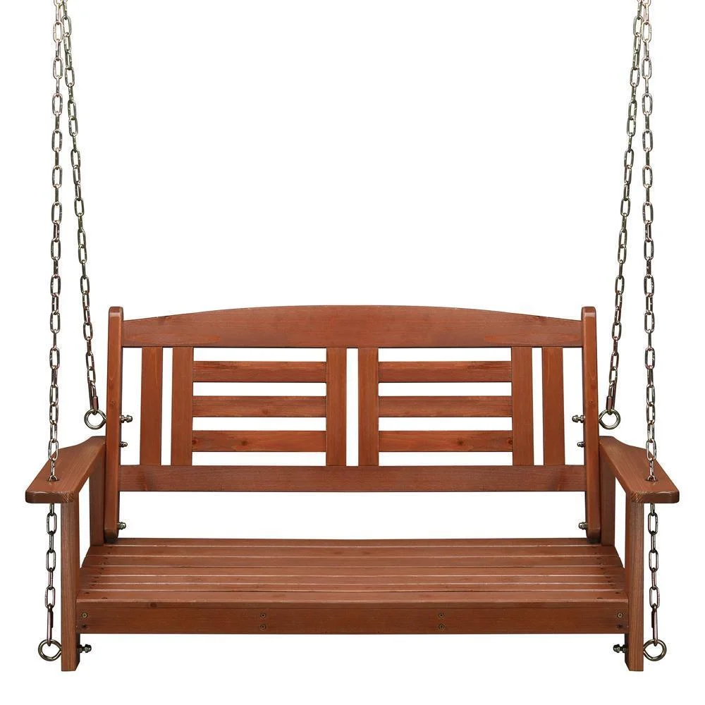 2 Person Porch Swing Bench Wooden Hanging Swing Chair Garden Patio Reddish-Brown