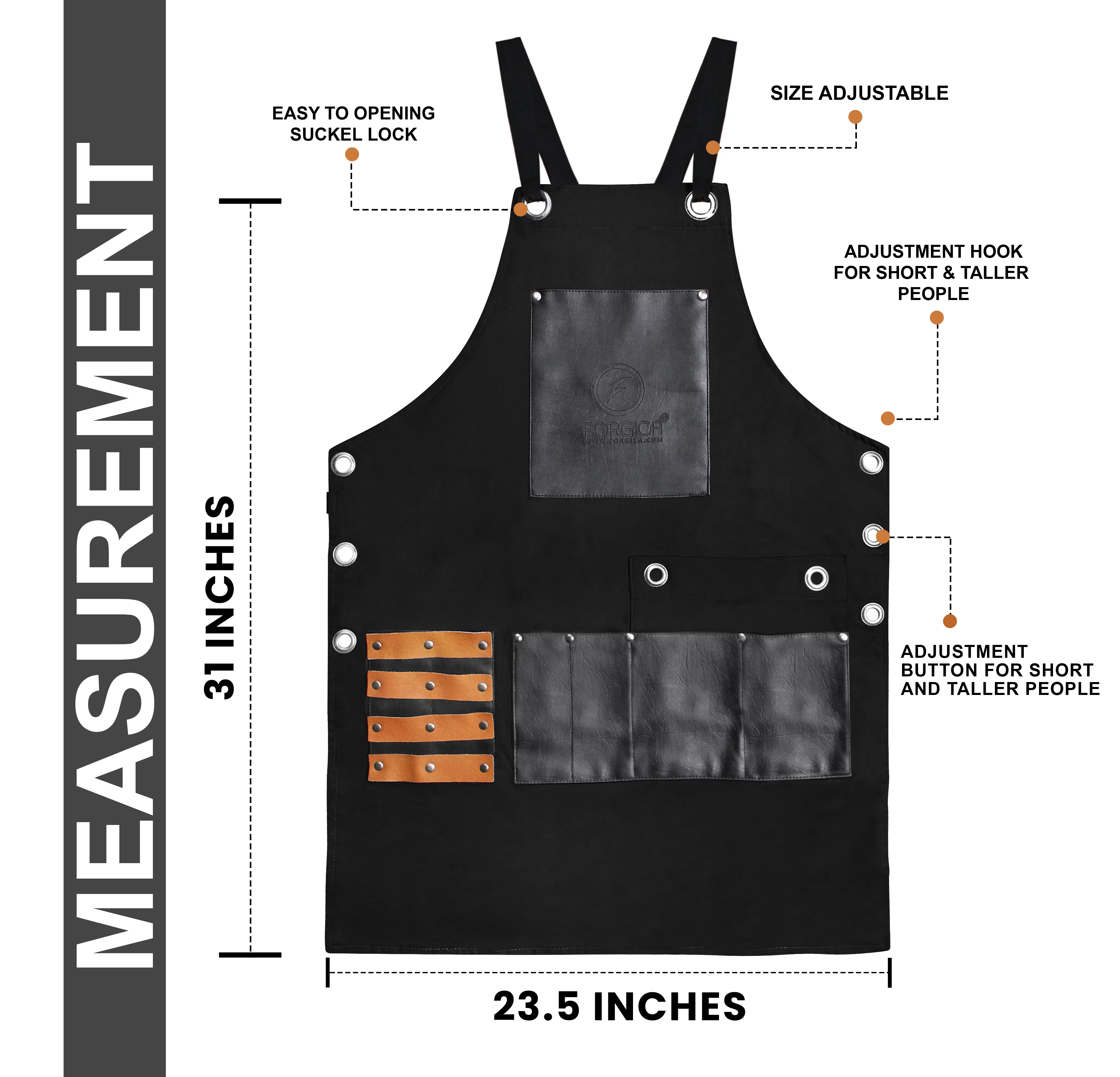 Forgica Adjustable Work Apron With Pockets - Black Aprons for Men and Women | Professional Cotton Apron, Handy for Barbers/Hairstylist/Smiths/ and Grilling