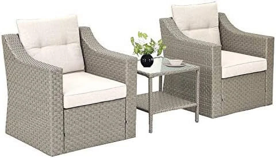 SQWDEC 3-Piece Patio  Brown Rattan Outdoor   Patio Chairs with Glass-Top Coffee  & Seat Cushions  for Garden  Front Porch  Balcony