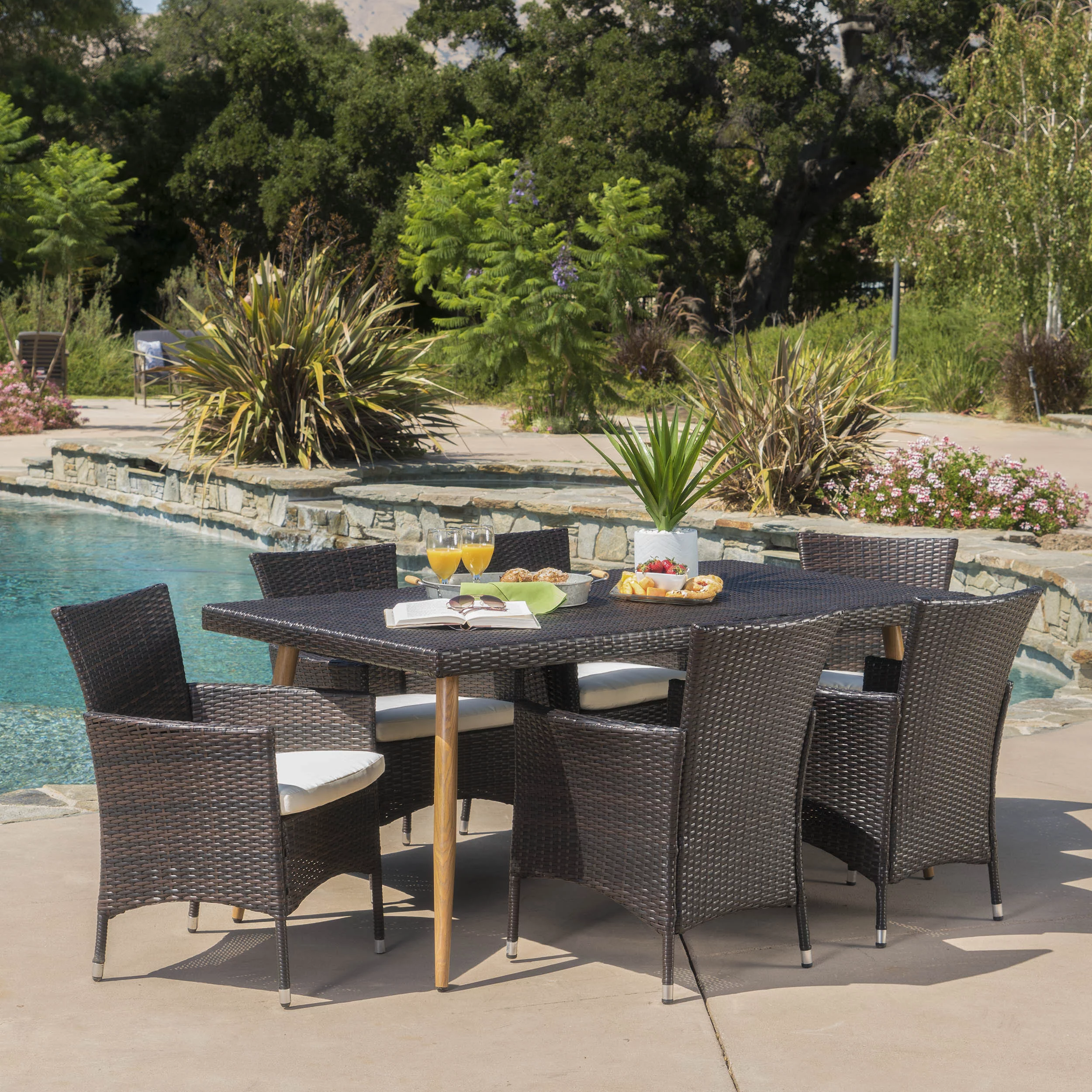 Outdoor 7 Piece Wicker Dining Set with Cushions,Beige,Multibrown
