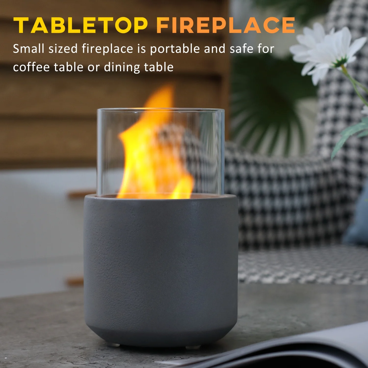 LEIYEHOOM Tabletop Fireplace  Mini Concrete Ethanol Fire Bowl with Lid  Burns up with Liquid Alcohol and Solid Tablet Alcohol  Light Grey