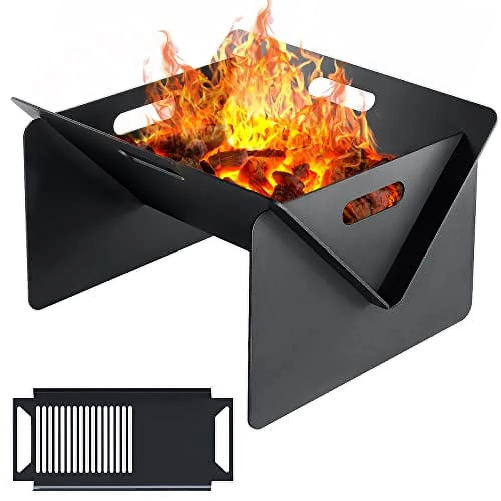 18 inch Fire Pit, Outdoor Portable Firepit with BBQ Tray, Detachable Camping Steel Fire Pits for Backyard, Patio, Picnic, Bonfire, Garden (Black-Small)