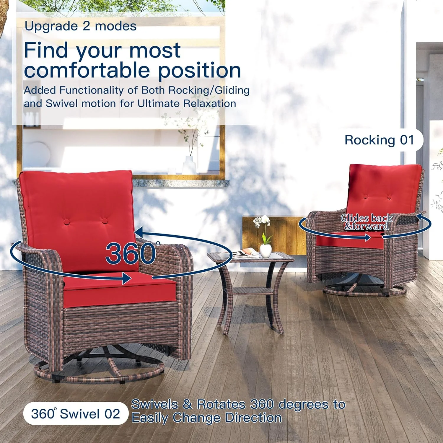 Dina 3 Pieces Patio Furniture Set Outdoor Swivel Rocking Chairs Porch Furniture Patio Rattan Chairs with Table