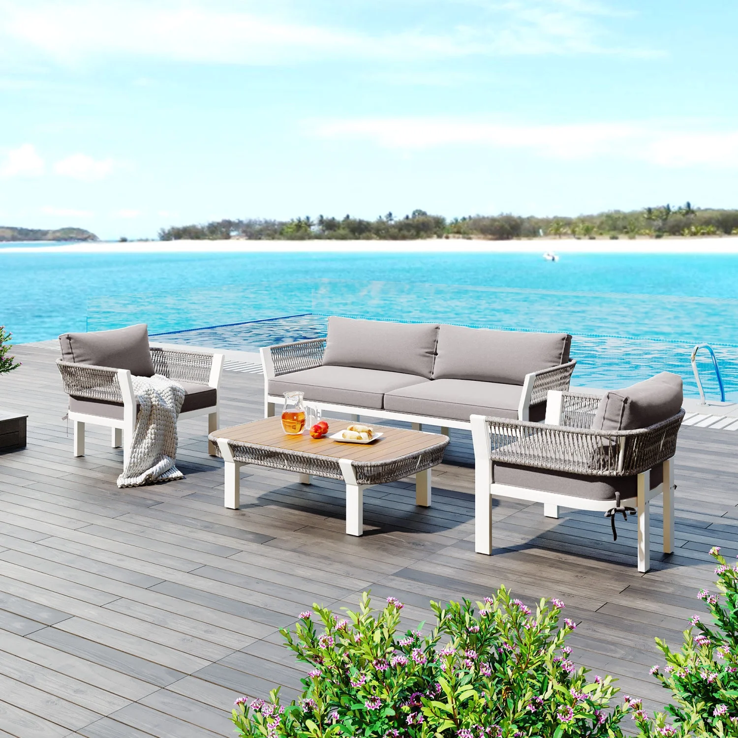 Soft and Stylish Modern 4-Piece TREXM Outdoor Patio Conversation Set with Waterproof Cushions and Coffee Table - Ideal for Garden  Poolside  and Backyard Decor - Includes Brown Gray Cushi