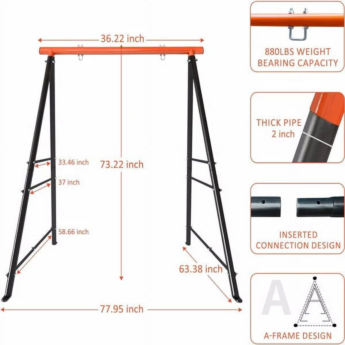 Roll over image to zoom in Swing Stand Frame｜Swing Set Frame for Both Kids and Adults｜880 Lbs Heavy-Duty Metal A-Frame Backyard Swing for Indoor Outdoor｜Orange(Without Swing)