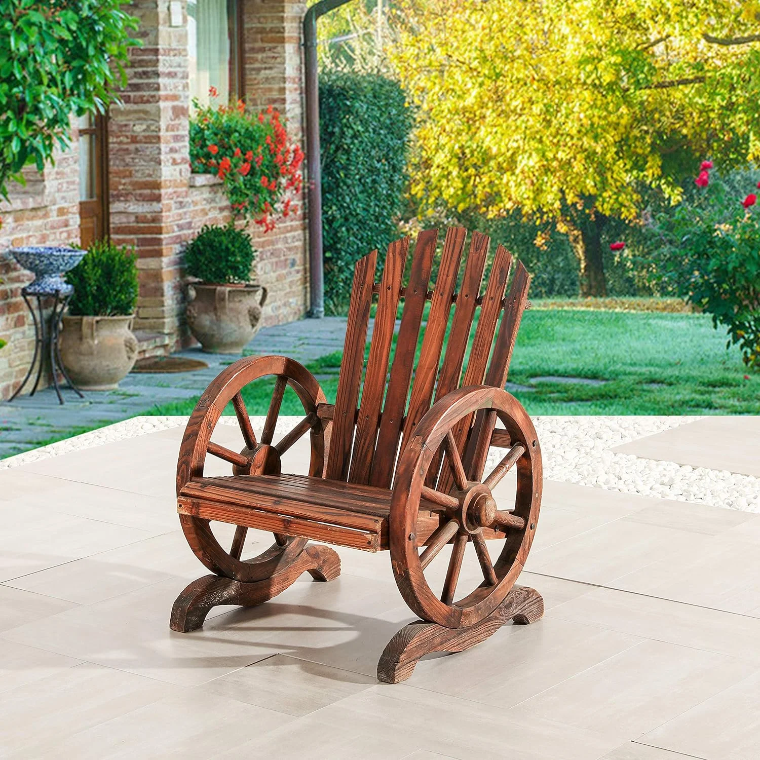 Wood Wagon Outdoor Adirondack Chair With Wheel Armrest For Patio, Garden, Country Yard, Wooden