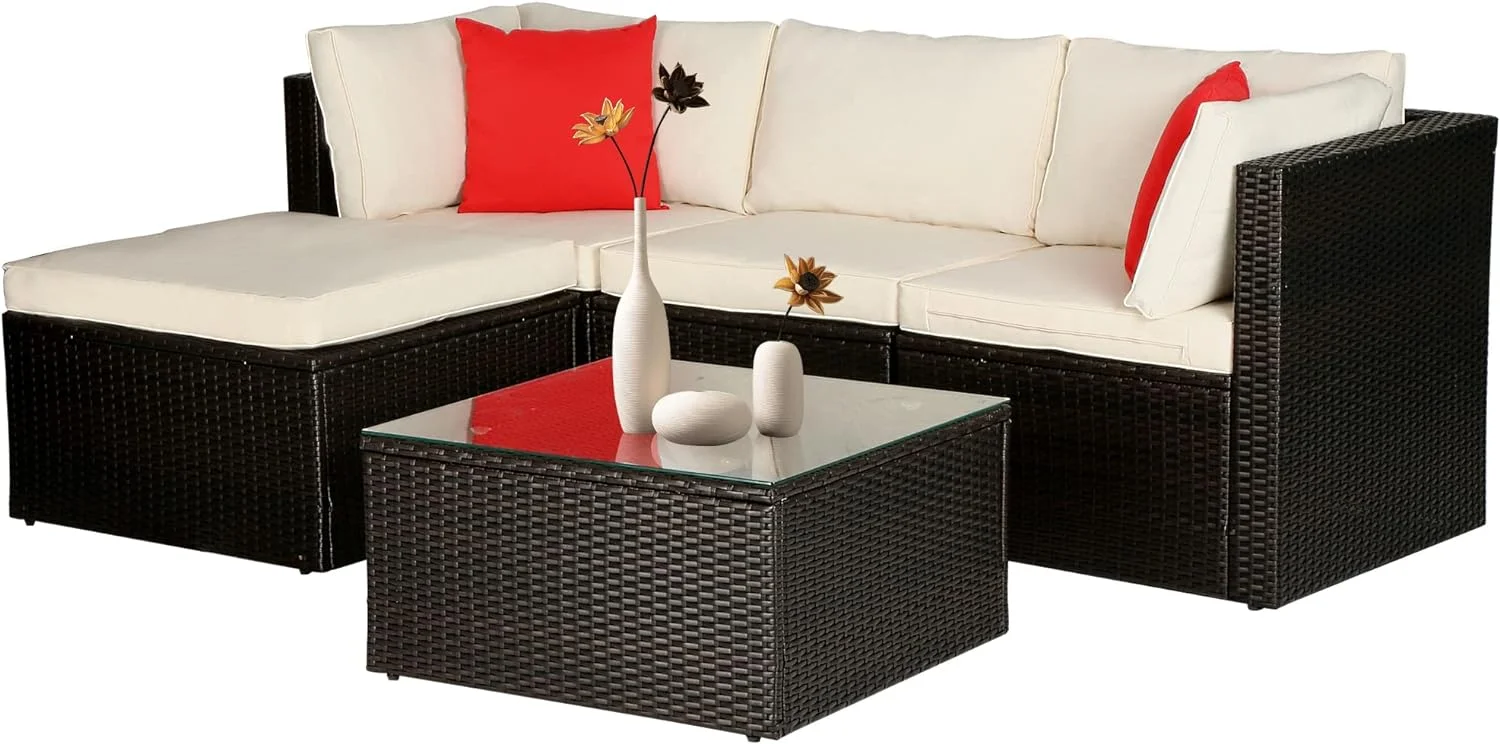 5 Pieces Patio Furniture Outdoor Wicker Sectional Patio Rattan Chair Conversation Backyard Lawn Porch Poolside Balcony Garden Sofa Set with Glass Coffee Table  Brown