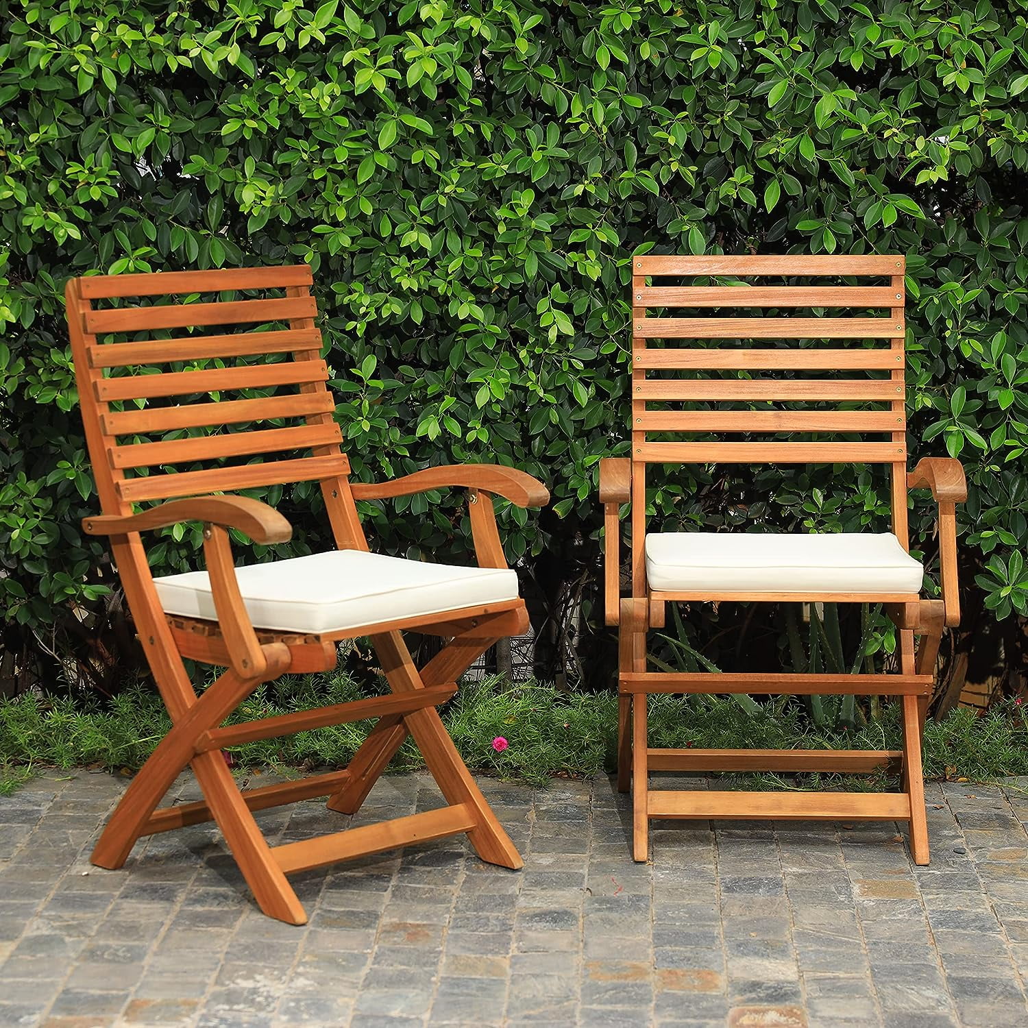 Idzo Percy Wood Folding Chairs Patio Set of 2 Premium Cushions - 400lbs Heavy Duty