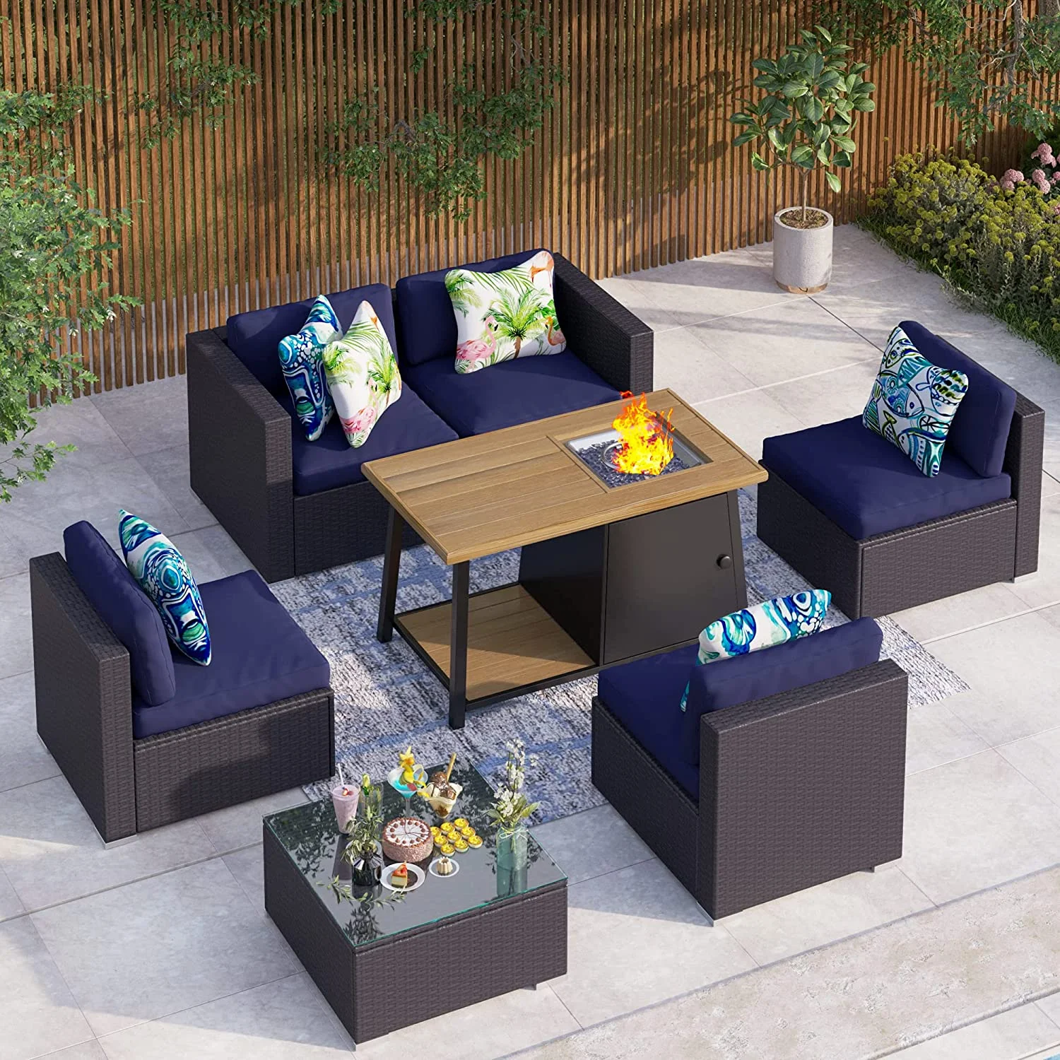 durable 8 Pieces Patio Furniture Set with 45" Plate Embossing Propane Fire Table Outdoor PE Rattan Sectional Sofa Set Patio Gas Fire Pit Conversation Set with Blue Cushions & Glas