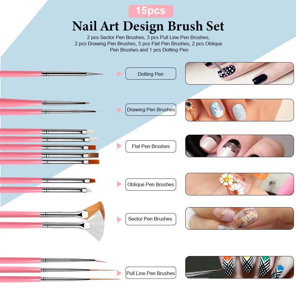 Suminiy.US Nail Art Kit | Nail Design Kit with 15 Brushes 5 Dotting Pen 10 Striping Tapes Thousands of Rhinestones Gems Crystals 12 Pots Foil Flakes