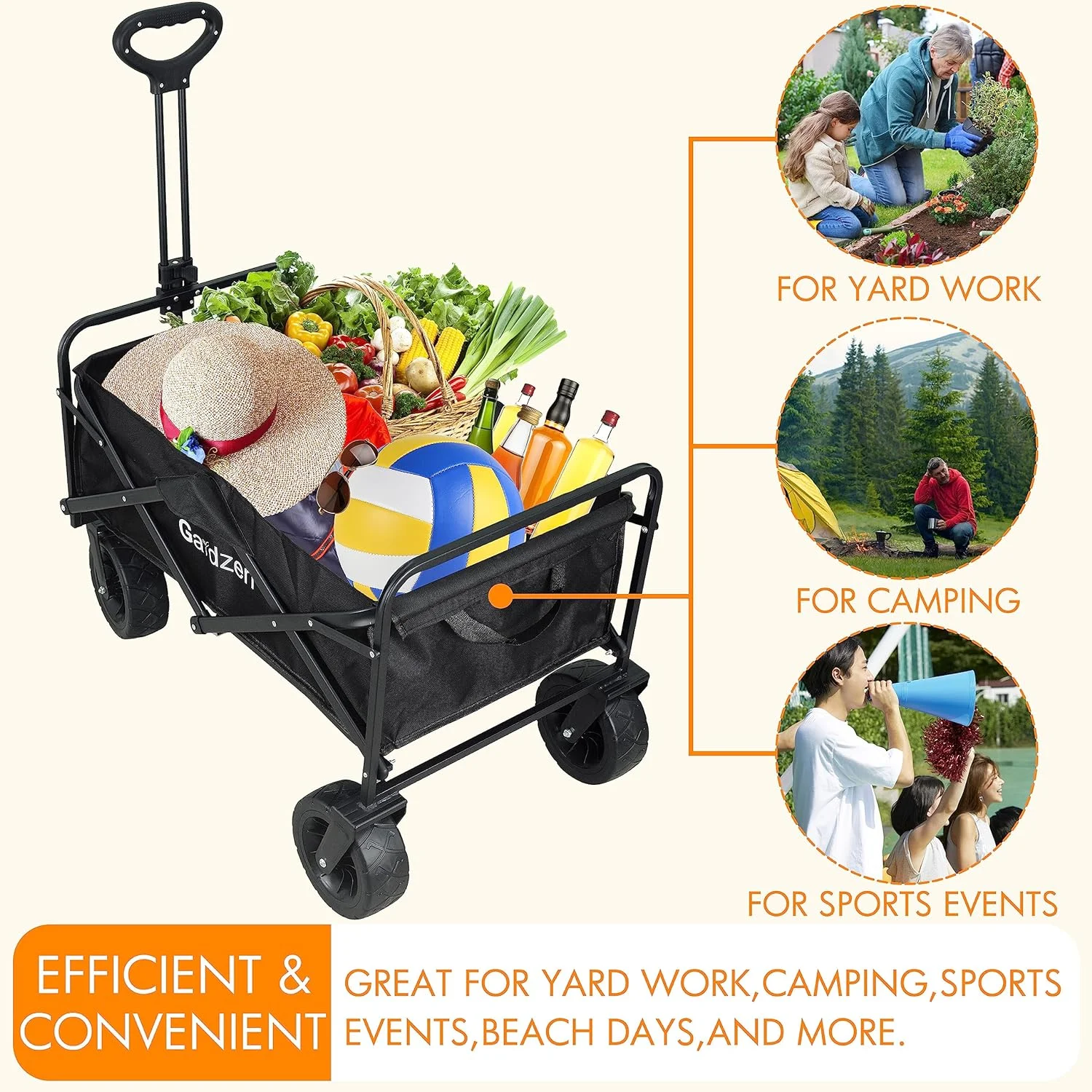 Gardzen Collapsible Wagon Cart, Garden Cart with All-Terrain Wheels, Hauls up to 180 lbs, Black