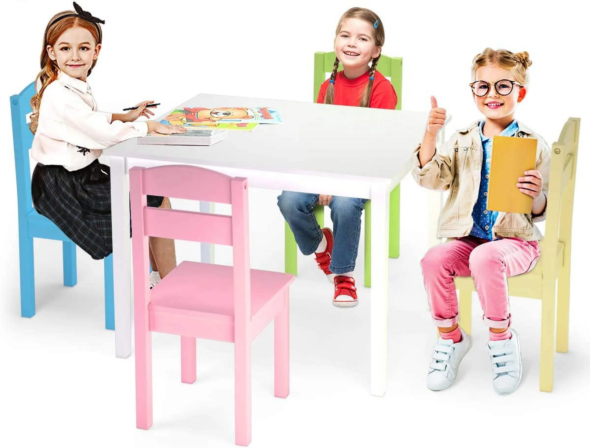 5-Piece Kids Wooden Table Chair Set, Colorful Table & 4 Chair Set with Backrest, Dinging Table for Kids, Activity Build & Play Table Chair Set, Playroom Furniture, Picnic Table