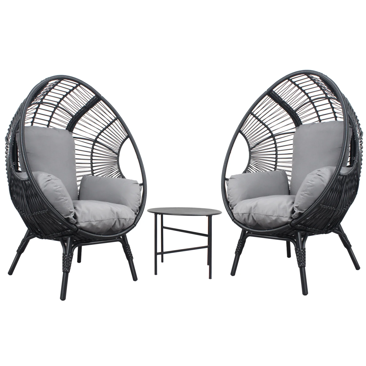 3-Piece Black PE Rattan Patio Egg Chairs Set with Stylish Grey Cushion and Side Table  Model 2