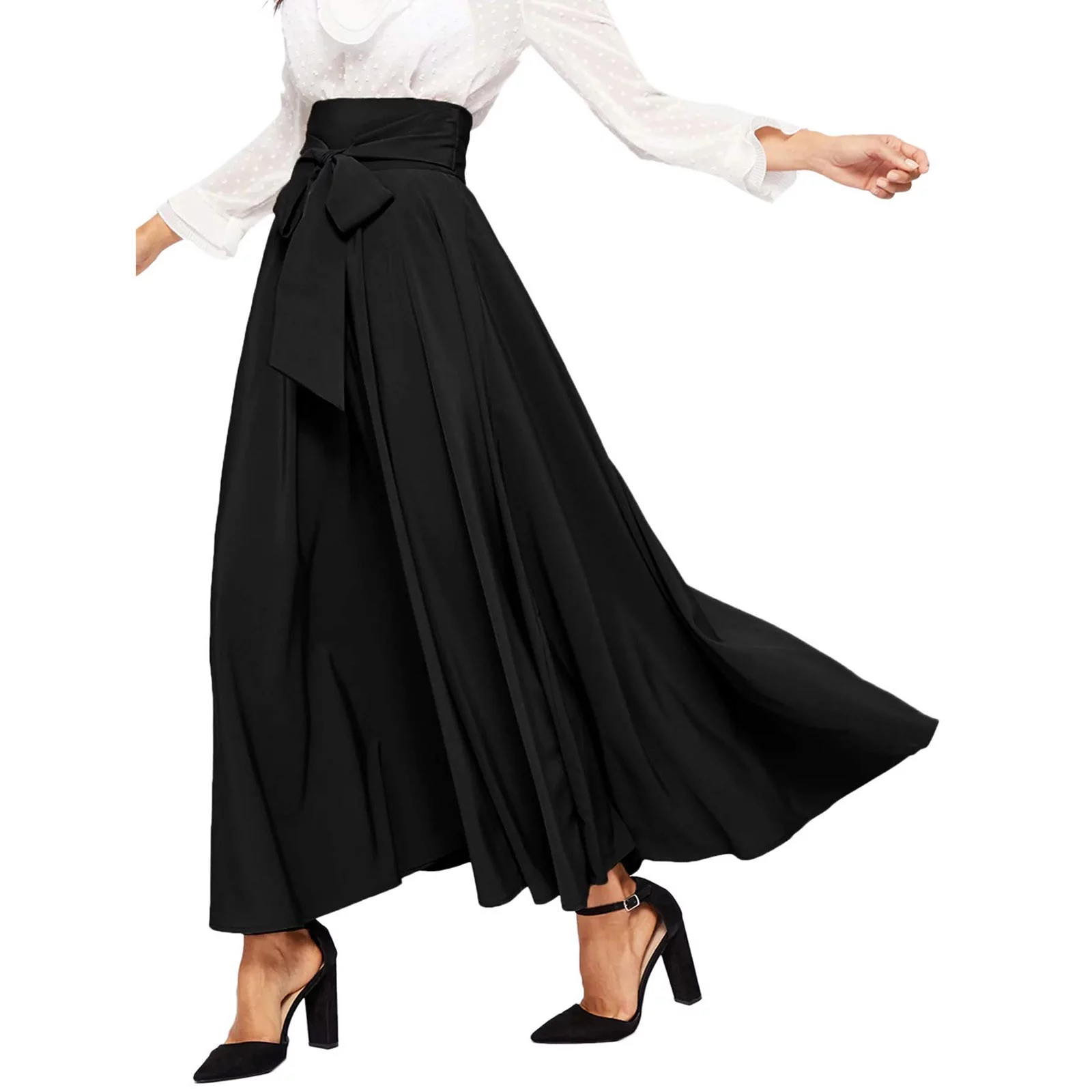 Winter Skater Skirt Women'S Elegant High Waist Skirt Tie Front Pleated Maxi Skirts Skirt Hangers Wood