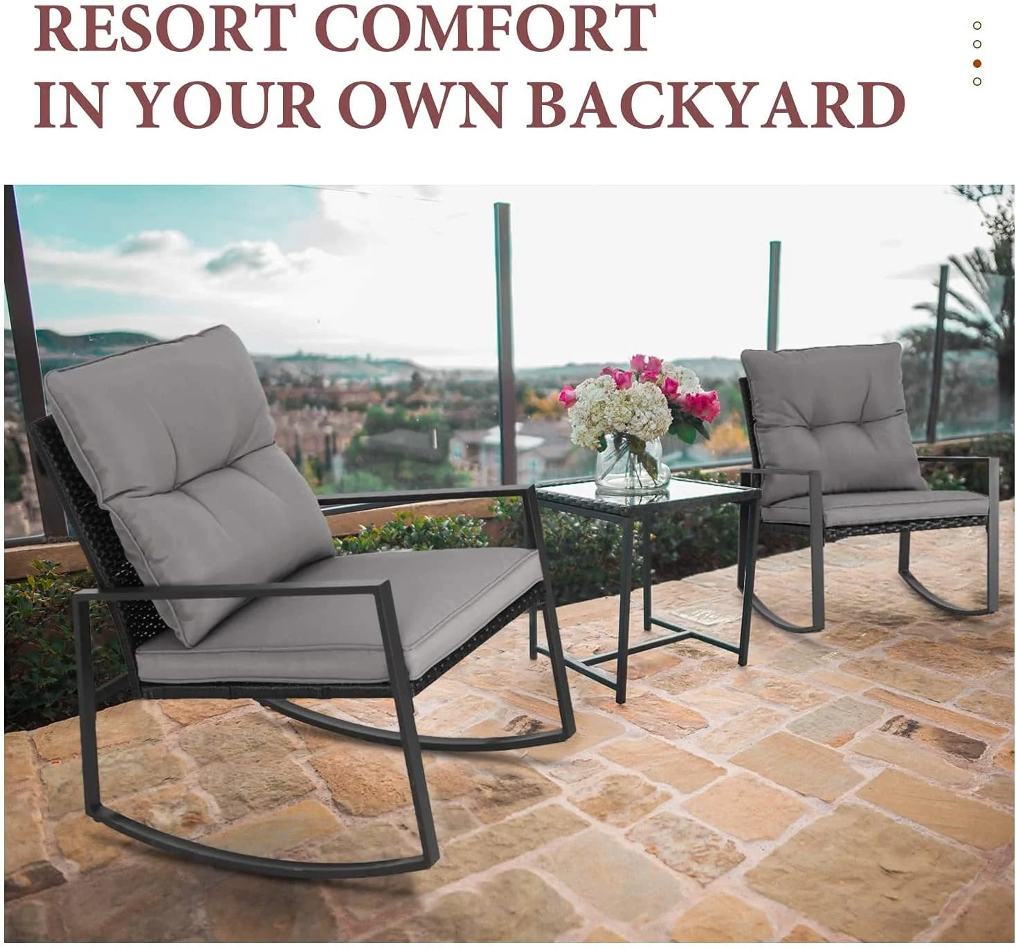 SUNCROWN 3 Pieces Outdoor Rocking Chair Set Patio Wicker Rattan Bistro Set Conversation Furniture with Cushions and Glass Coffee Table(Beige)