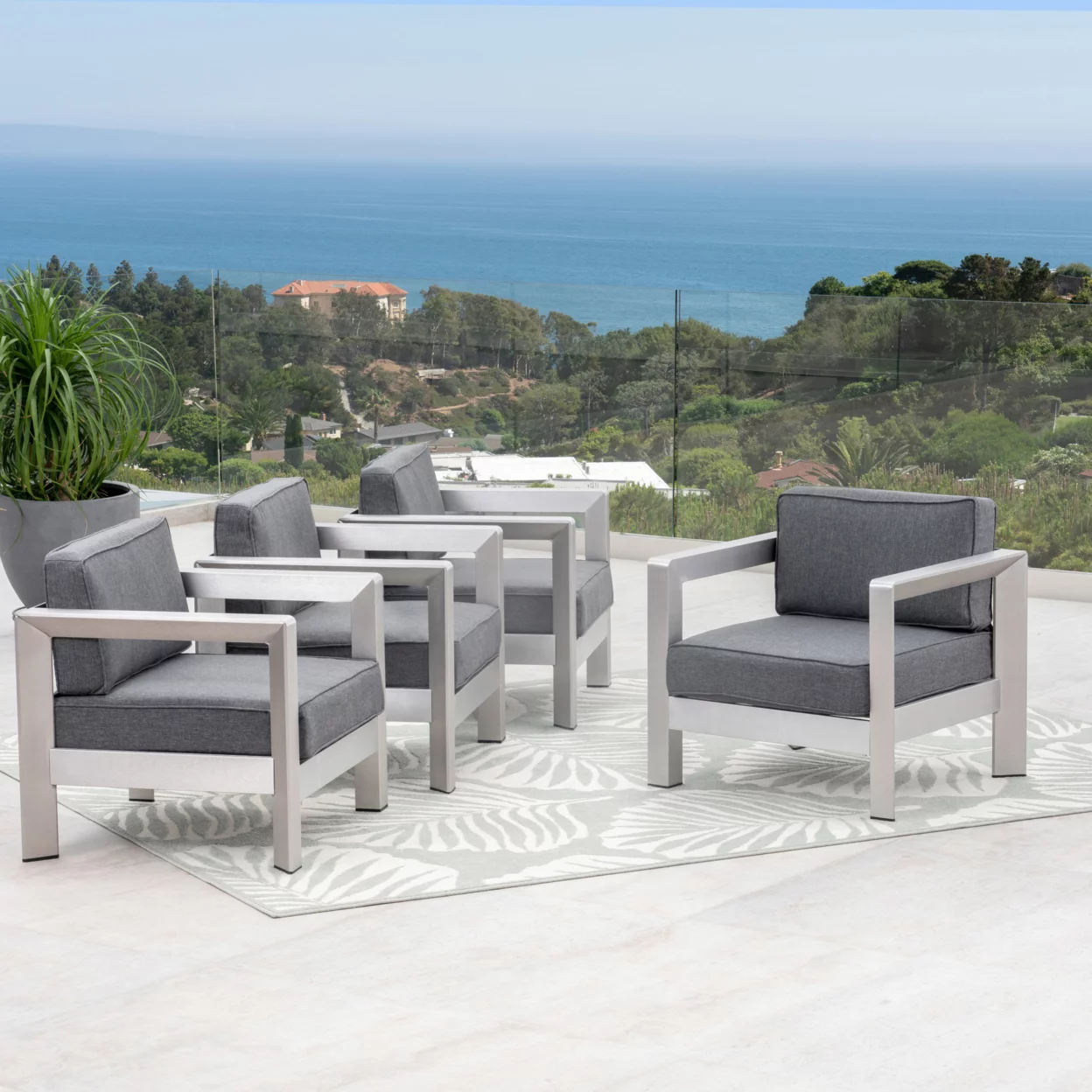 GDF Studio Alec Outdoor Aluminum Club Chairs with Cushions, Set of 4, Silver and Gray