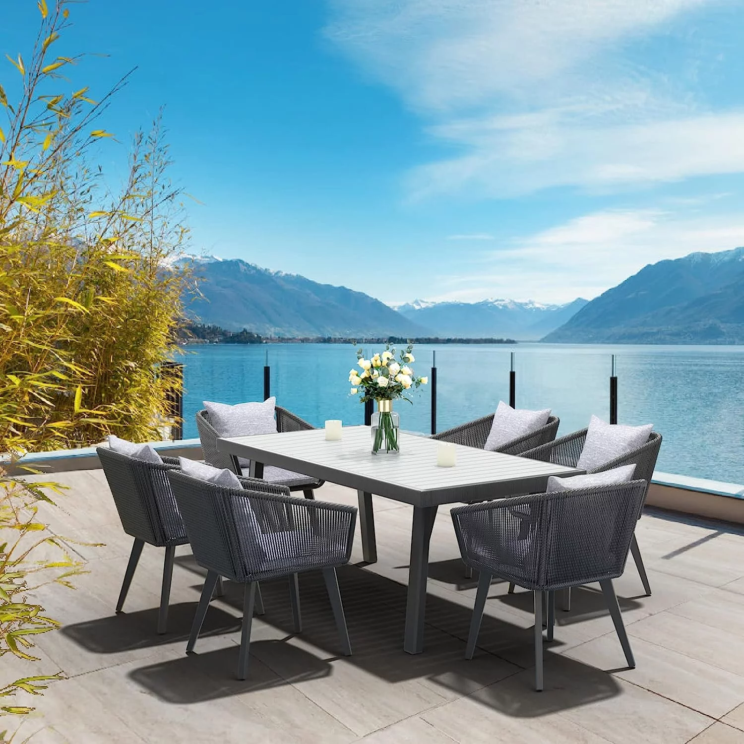 9 Pieces Outdoor Patio Dining Set  Handwoven Patio Table and Chairs for 8  Patio Furniture Set with All-Weather Aluminum Frame and Cushion  for Patios  Backyard  Balcony  Lawn (Dark Grey)