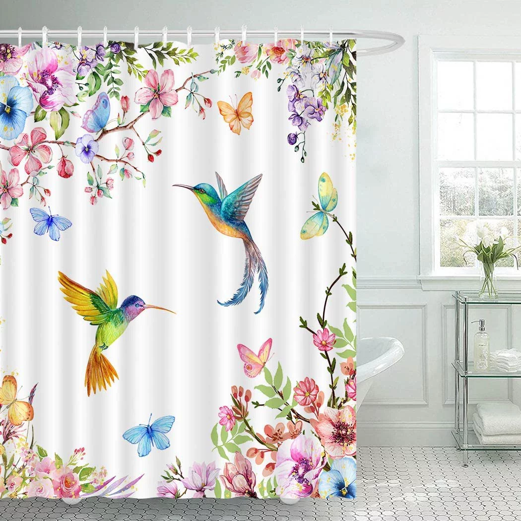Sonernt Spring Hummingbird Shower Curtain for Bathroom Floral Bird Shower Curtain Flower Butterfly Shower Curtain Home Bathtub Decor with 12 Hooks Washable Durable Polyester Fabric 72