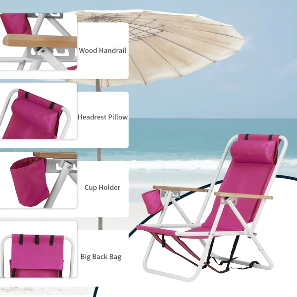 Al Fresco Beach Chair, Camping / Sunbathing Chairs with 4 Adjustable Position, Head Pillow, Cup Holders, Folding Fishing Backpack Lawn Chairs, Pink