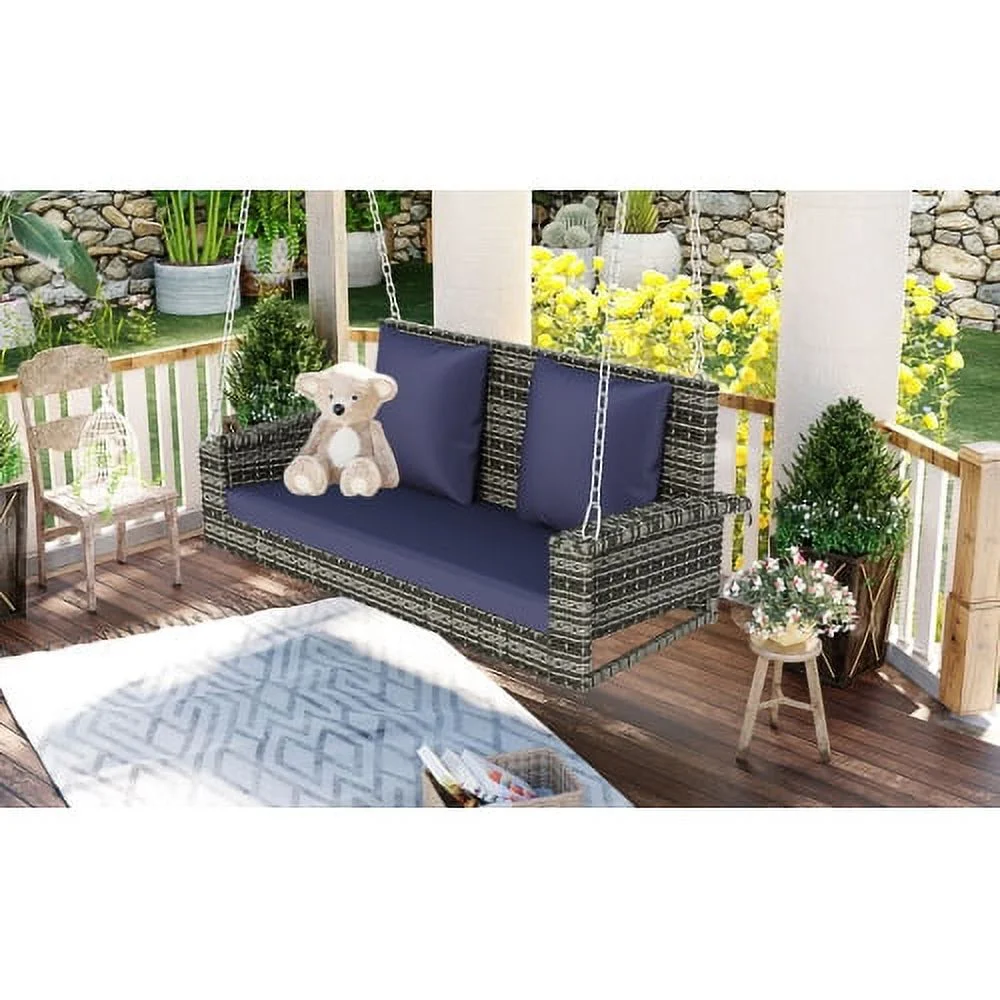 Buumin GO 2-Person Wicker Hanging Porch Swing with Chains, Cushion, Pillow, Rattan Swing Bench for Garden, Backyard, Pond. (Gray Wicker, Blue Cushion)