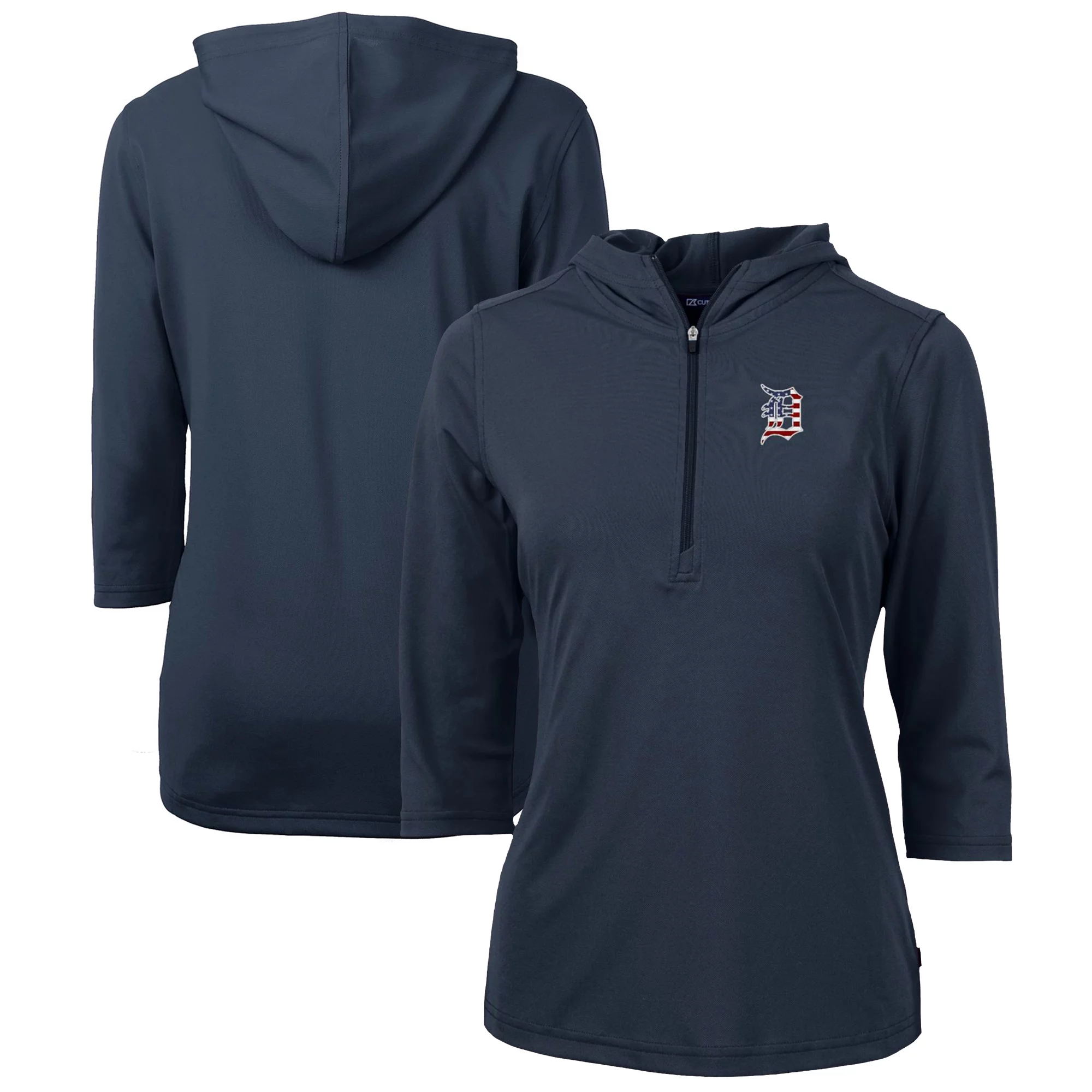Women's Cutter & Buck Navy Detroit Tigers Americana Logo DryTec Virtue Eco Pique Recycled Half-Zip Pullover Hoodie