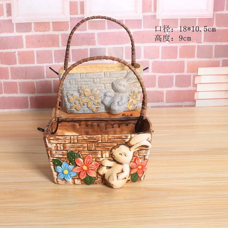 LivNxt Hand-Painted Korean Style Ceramic Succulent Planter, Creative Handheld Basket Succulent Pot, Succulent Flower Pot