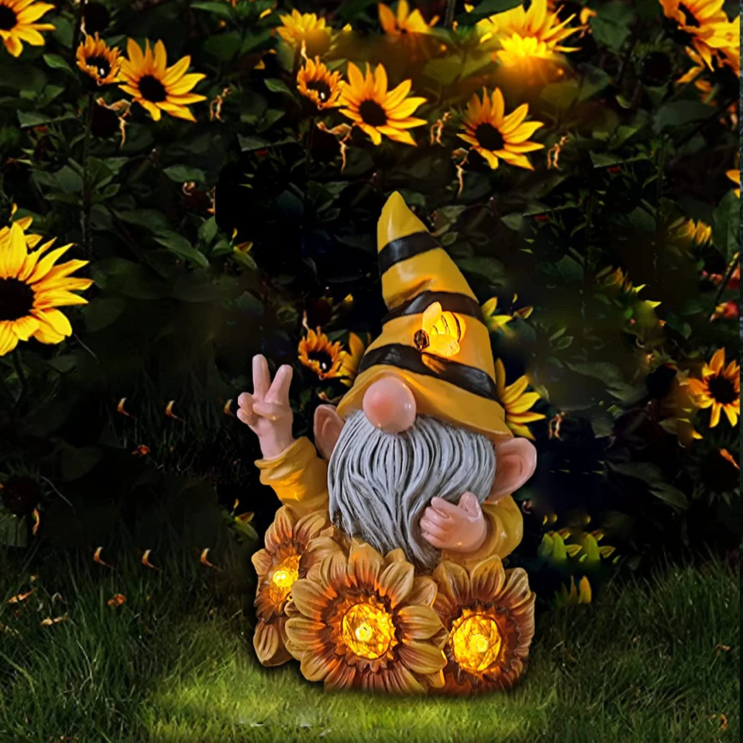 Joint Honglin Garden Gnome EC36&nbsp;Sculptures & Statues Resin Summer Bee Gnome with Sunflower, Outdoor Funny Gnome Decoration Solar Light Gnome Gifts for Yard, Patio Decor