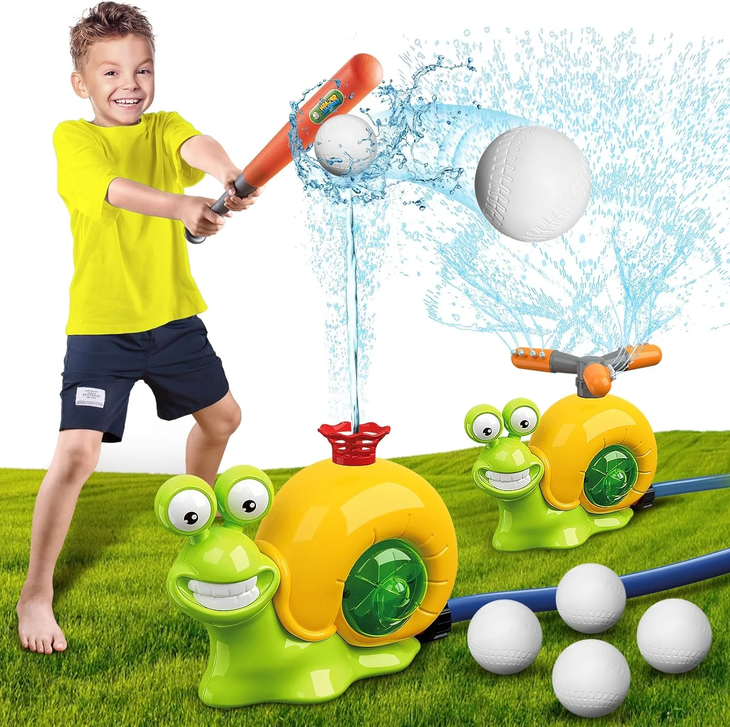 Water Sprinkler Baseball Toy for Kids Outdoor Play, 2 in 1 Snail Summer Water Game with 2 Sprinkler Heads, 360° Roating Spray Water Baseball for Boys Girls Summer Backyard Lawn Pool Party Fun