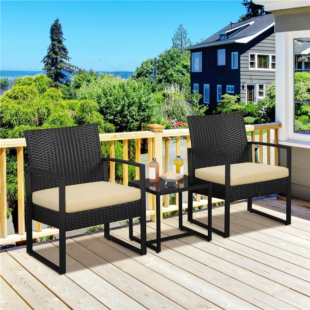 Yaheetech Modern 3-piece Patio Rattan Chairs & Table Set with Cushions, Black/Khaki