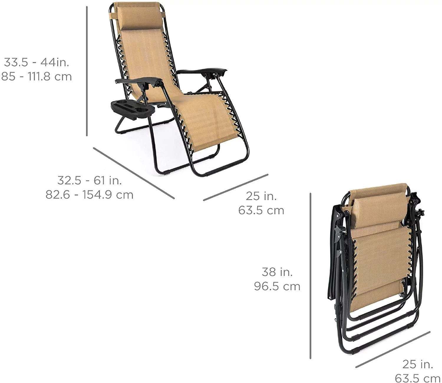 Set of 2 Adjustable Steel Mesh Zero Gravity Lounge Chair Recliners w/Pillows and Cup Holder Trays, Beige