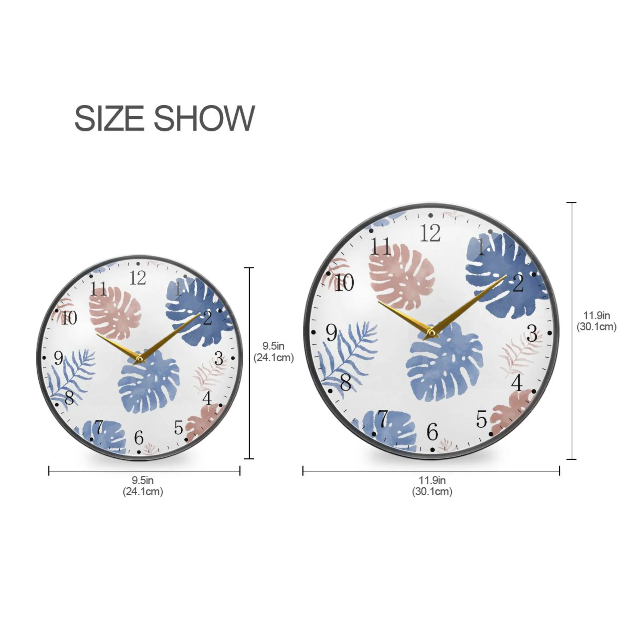 Watercolor Blue and Pink Leaves Acrylic Wall Clocks Quiet Round Clock Battery Operated Non-Ticking Clock for Bedroom Kitchen Office Decorative 11.9 Inch