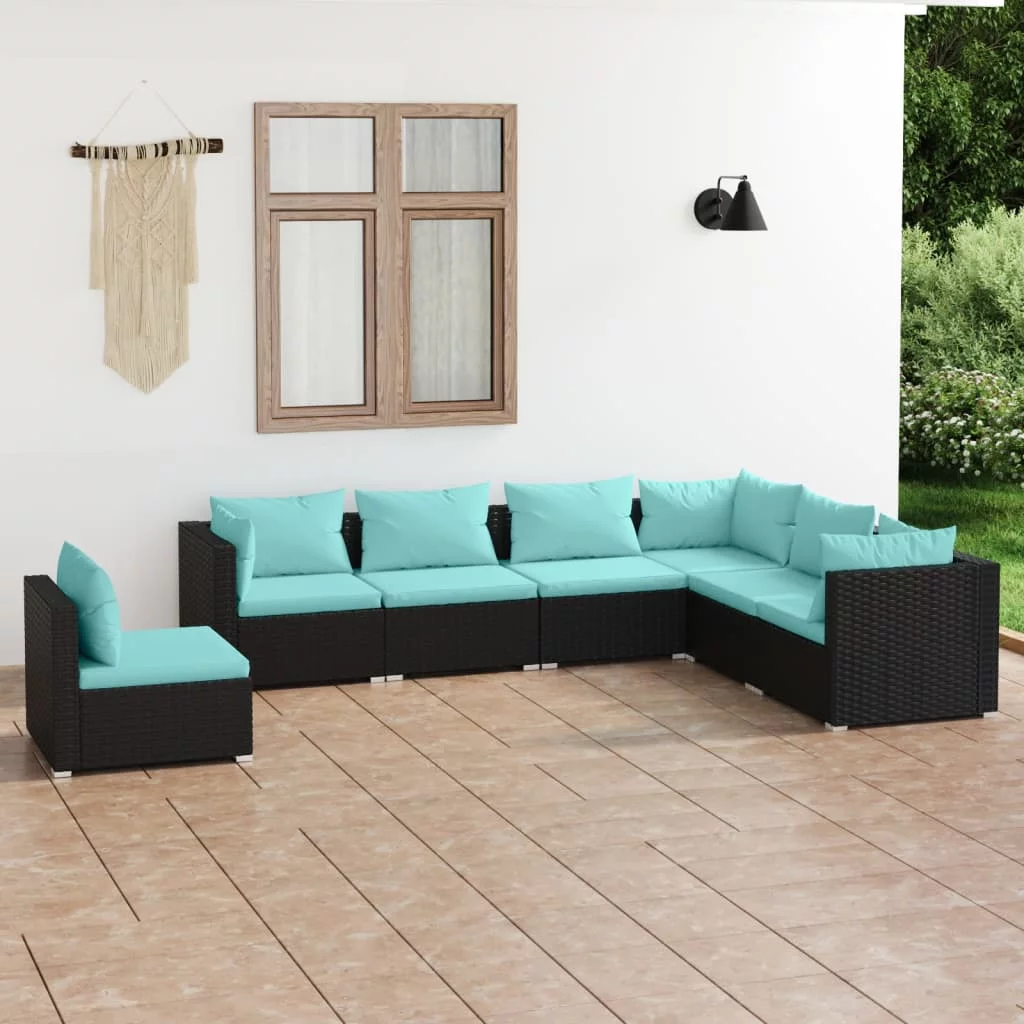 Tomshoo 7 Piece Patio Set with Cushions Poly Rattan Black