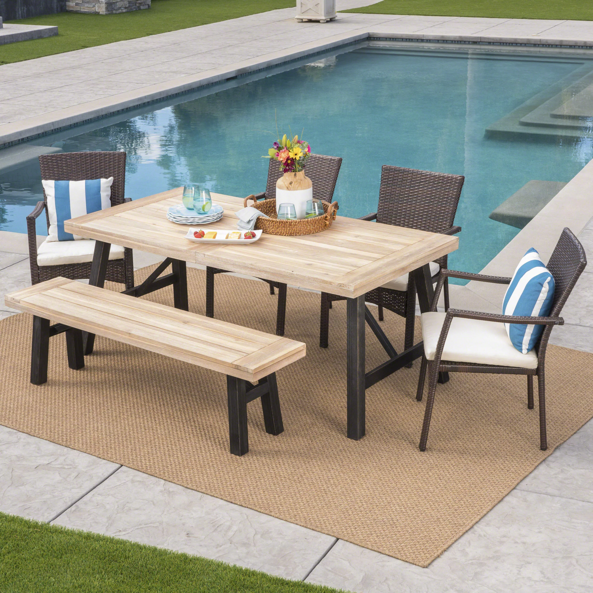 Hollister Outdoor 6 Piece Acacia Wood Dining Set with Cushions, Brushed Grey