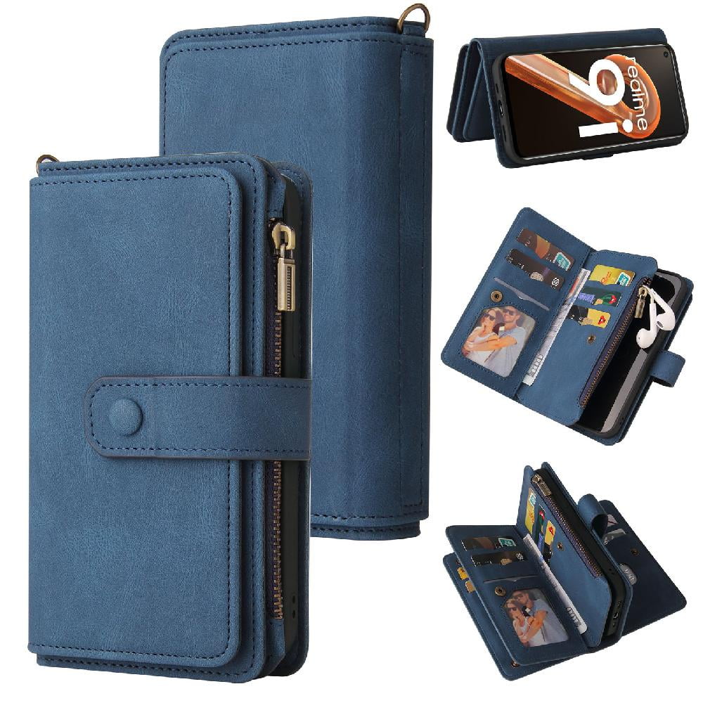 Case for OPPO Realme 9i Phone Case Fifteen Card Slots PU Leather Magnetic Closure Zipper Poket With Card Slot Stand