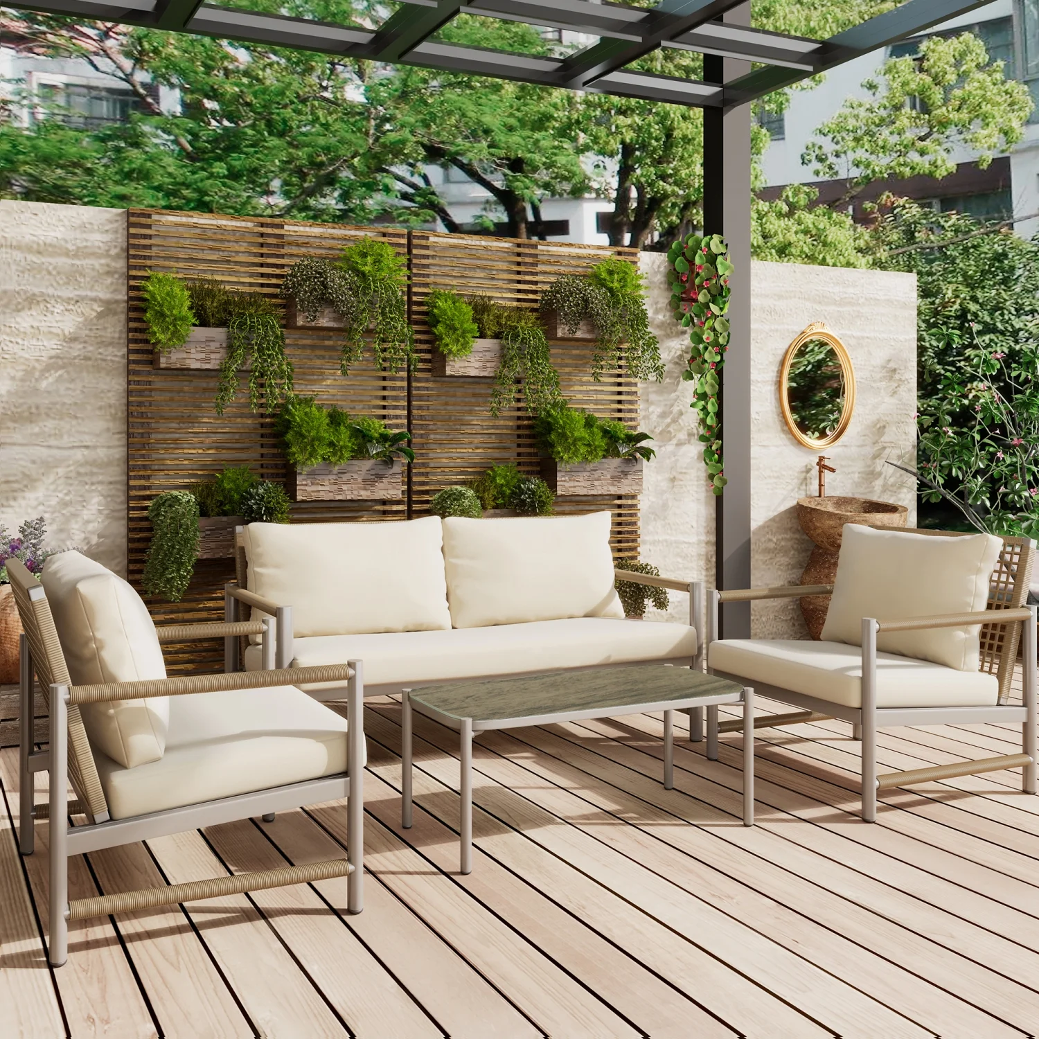 Stylish and Elegant 4 Piece Outdoor Patio Furniture Set  Made with PE Rattan Wicker  Includes 4 Pcs Sofa Set with Washable Cushions and Tempered Glass Tabletop - Perfect Conversation Furn