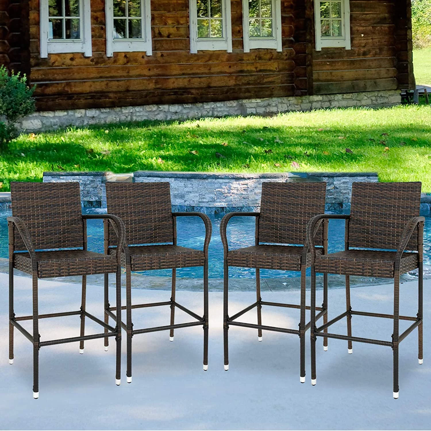 DSZBNUIO Set of 4 Wicker Barstool All Weather Dining Chairs Outdoor Patio  Wicker Chairs  Stool with Armrest