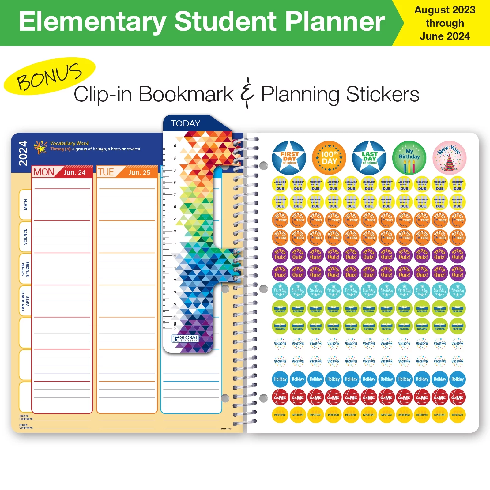 Global Datebooks Dated Elementary Student Planner for Academic Year 2023-2024 Includes Ruler/Bookmark and Planning Stickers (Matrix Style - 8.5