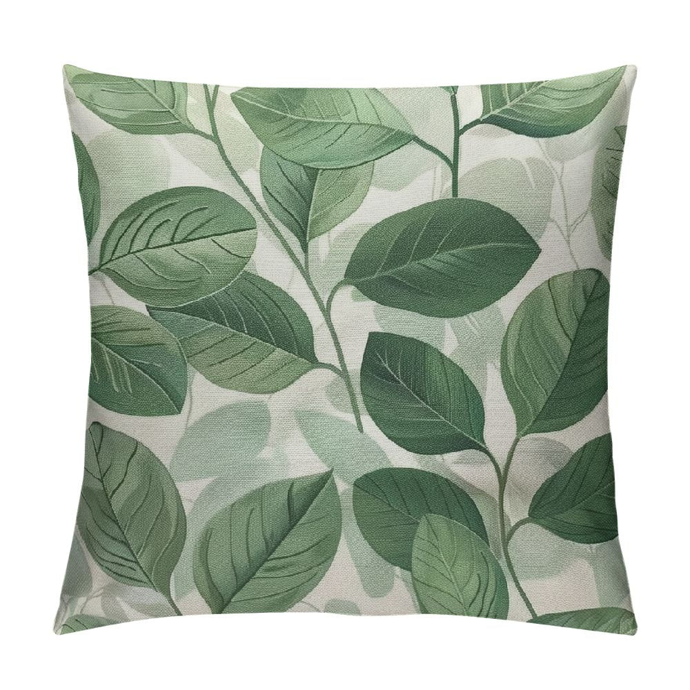 Patifu  Horizontal Eucalyptus Cotton Linen Throw Pillow Case Floral Ornament with Silver Dollar Eucalyptus Branches Pillow Cushion Covers Home Sofa Decorative 18 X 18 Inch 18x18in